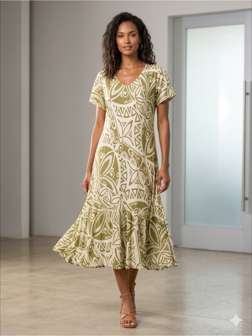 Hilo Hattie The Hawaiian Original Green Tribal Ruffle Midi Dress Aloha V-Neck 3X